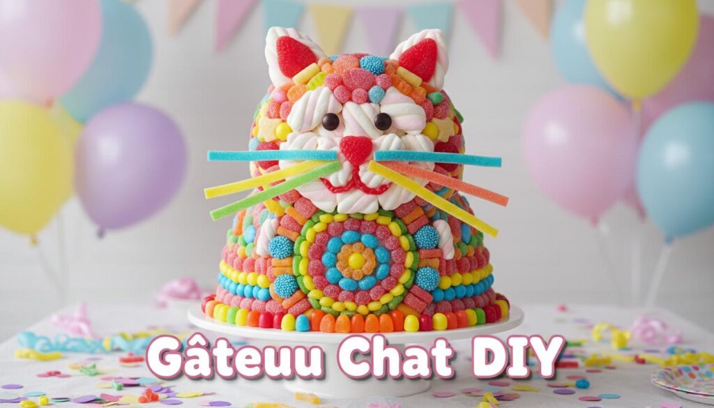Gâteau en forme de chat fait de guimauves et bonbons colorés sur une table festive avec ballons, confettis et le texte Gâteau Chat DIY.