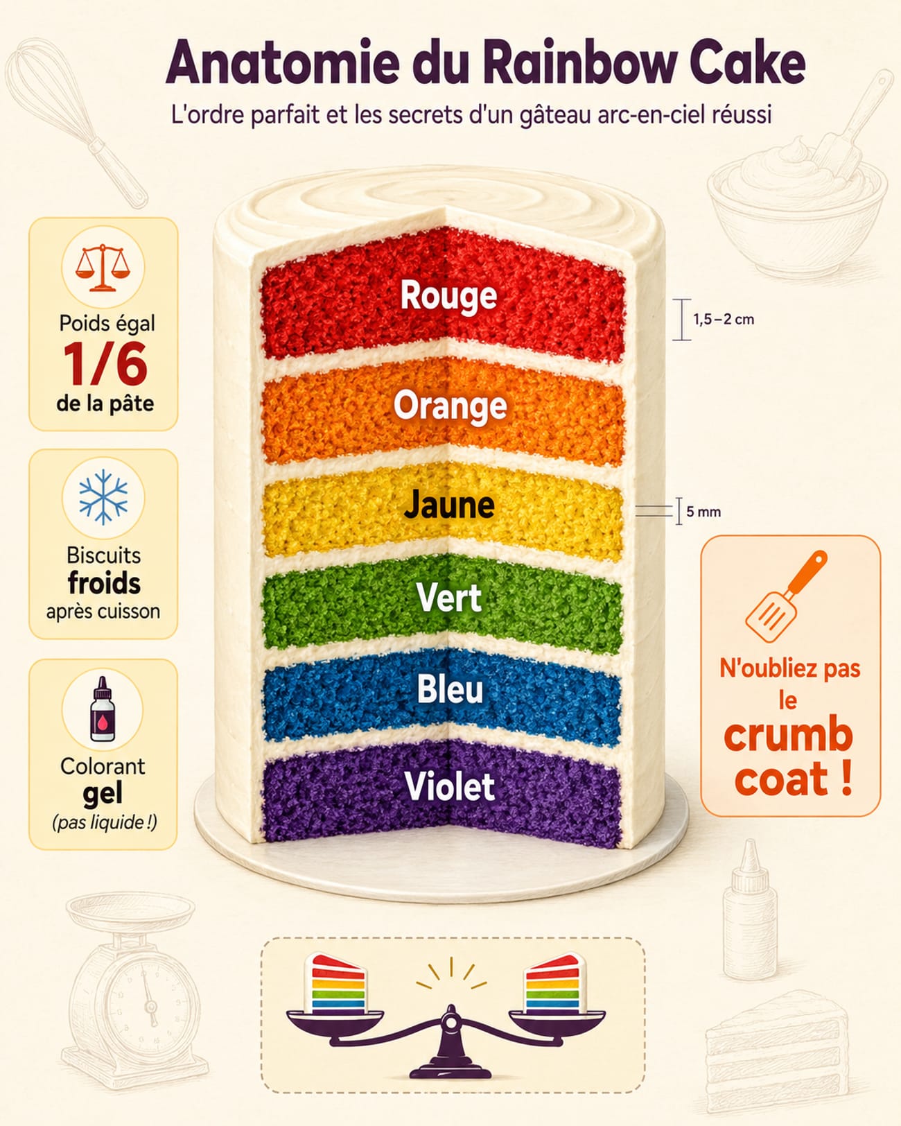 Infographie : anatomie du gâteau arc-en-ciel en coupe
