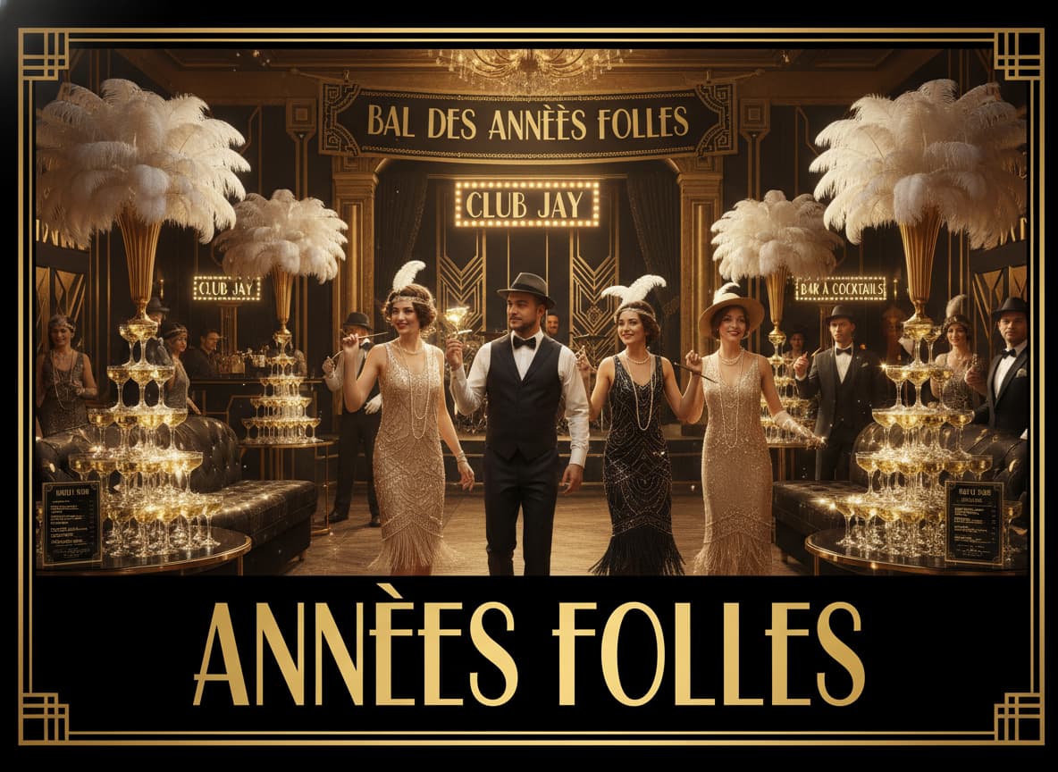 Invités en tenues des années 1920 dans une salle décorée art déco or et noir avec des vases de plumes blanches et des tours de champagne, un panneau 'Années Folles' au-dessus.