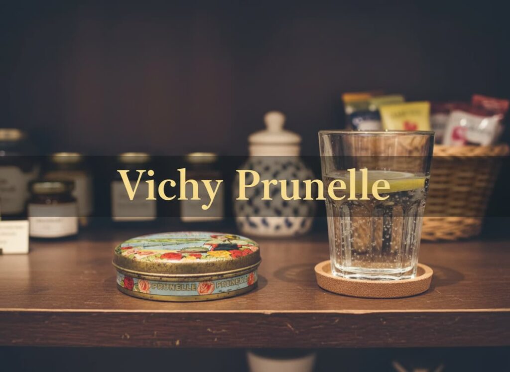 Boîte métallique de pastilles Vichy Prunelle au design traditionnel sur une étagère en bois à côté d'un verre d'eau pétillante avec un bandeau textuel.