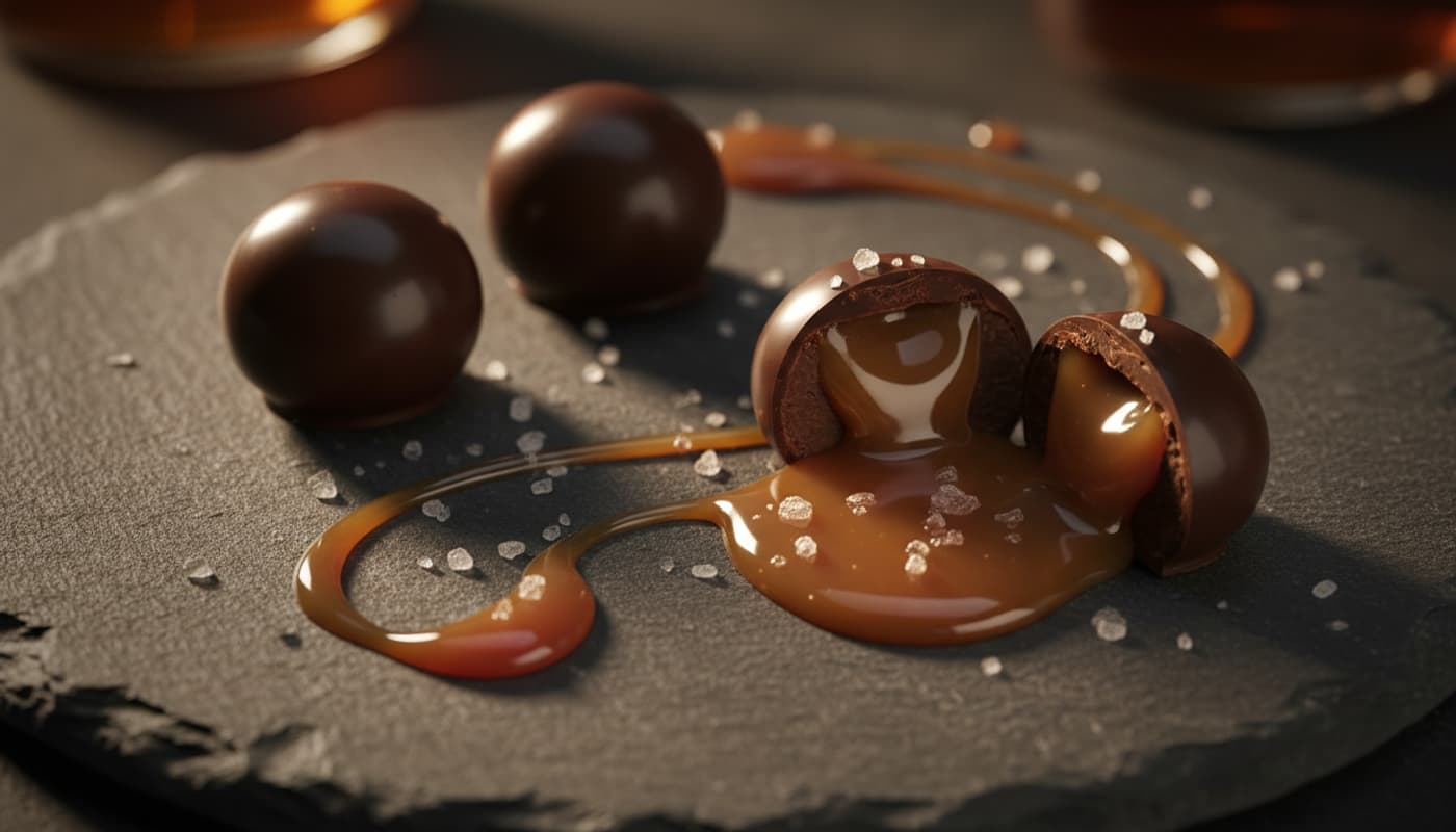 Bonbons de chocolat noir brillant disposés sur une ardoise, dont l'un est ouvert laissant s'échapper un caramel liquide doré entouré de cristaux de sel marin.