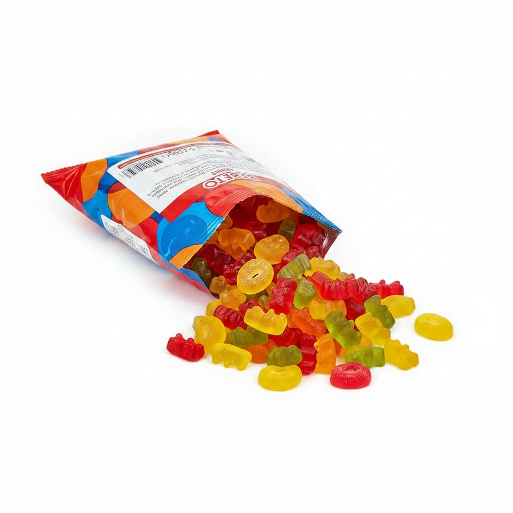 Des bonbons Bebeto en forme d'anneaux et d'oursons translucides aux couleurs vives s'échappent d'un sachet sur une surface blanche et nette.