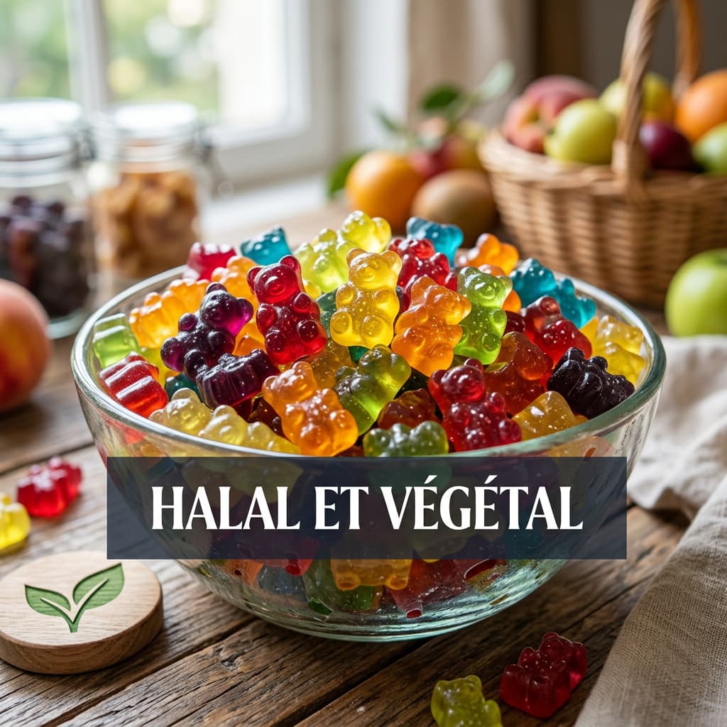 Des oursons gélifiés translucides et colorés captent la lumière à côté d'une icône de feuille verte, avec le texte HALAL ET VÉGÉTAL sur un bandeau sombre.