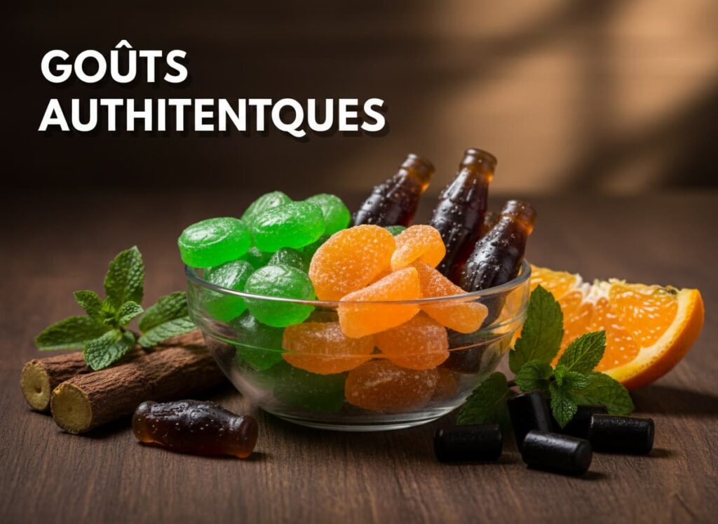 Une branche de menthe, une tranche d'orange, un bâton de réglisse et un bonbon au cola entourent le texte en relief GOÛTS AUTHENTIQUES dans un visuel contrasté.