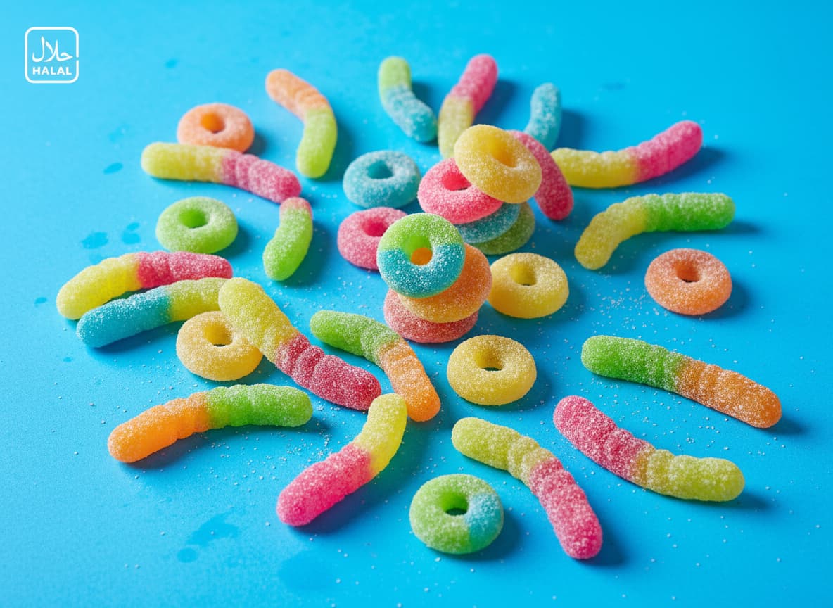 Des bonbons Trolli halal en forme de vers et d'anneaux néon colorés sont disposés de manière artistique sur un fond bleu vif sous un éclairage pop.