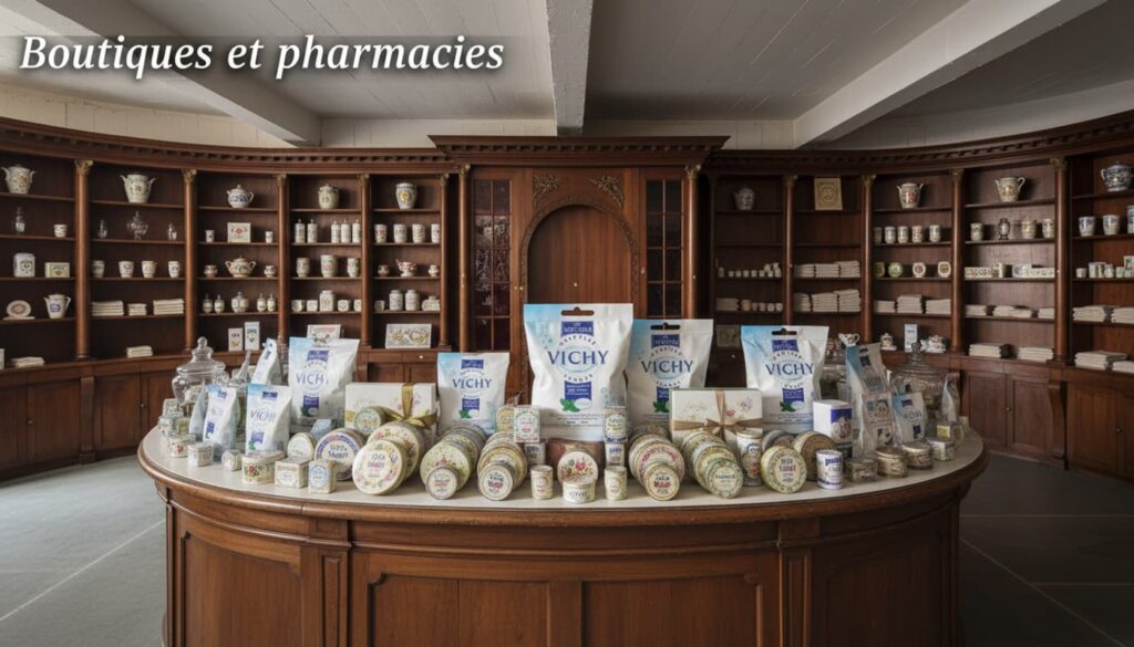 Des boîtes de pastilles Vichy sont disposées sur un comptoir de pharmacie ancienne sous le texte Boutiques et pharmacies écrit en surimpression.
