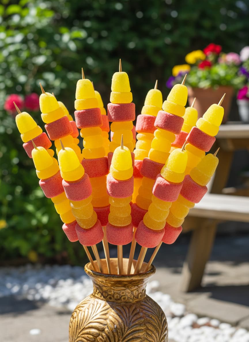Bouquet de brochettes de bonbons jaunes au citron et rouges à la fraise
