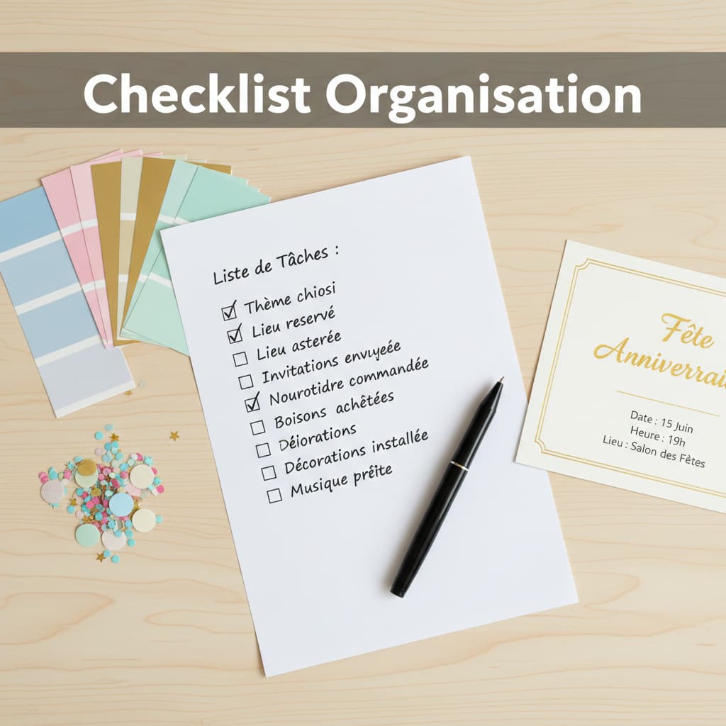 Une vue de dessus d'un espace de travail pour la planification d'une fête, avec une checklist en papier, un stylo, des échantillons de couleurs, des confettis et une carte d'invitation sur un bureau en bois, avec le texte 'Checklist Organisation' en superposition.