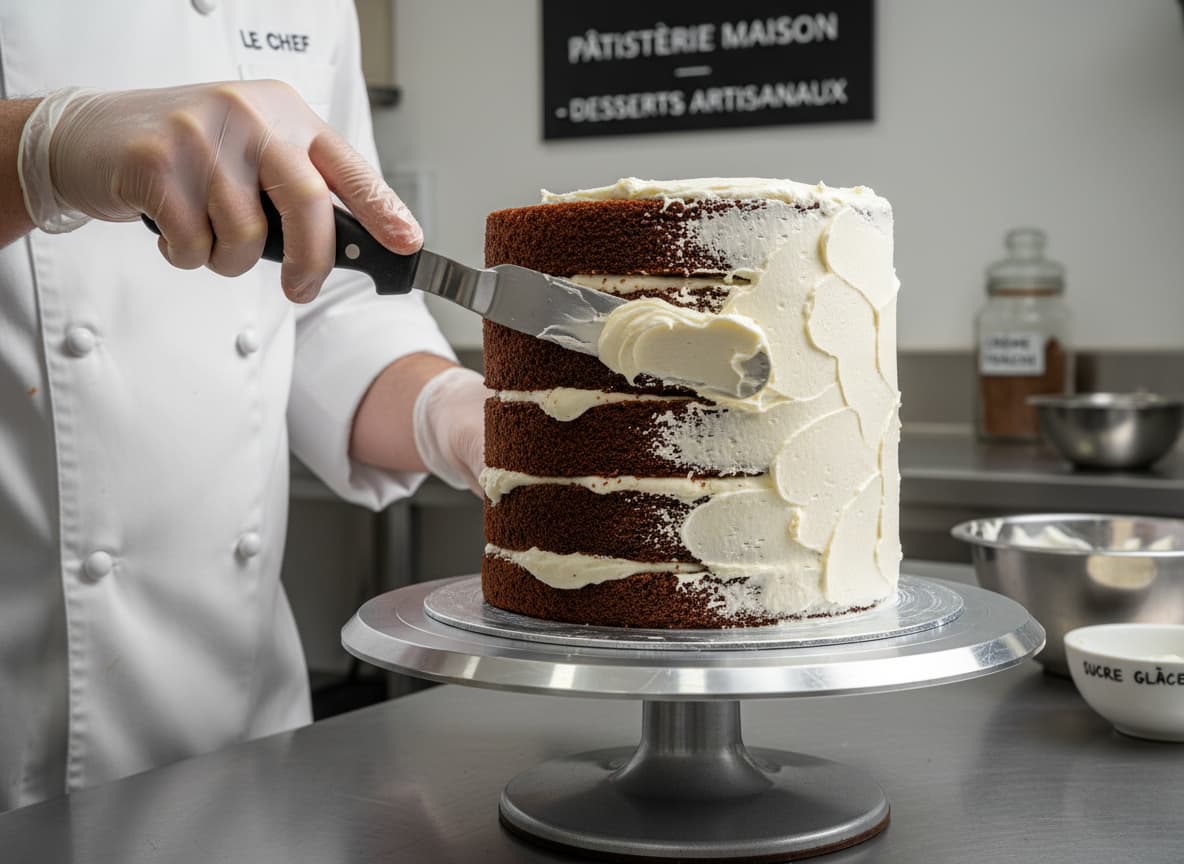 Un chef pâtissier applique une fine couche de glaçage au mascarpone sur un gâteau au chocolat à l'aide d'une spatule coudée métallique, posé sur un tour à gâteau tournant.
