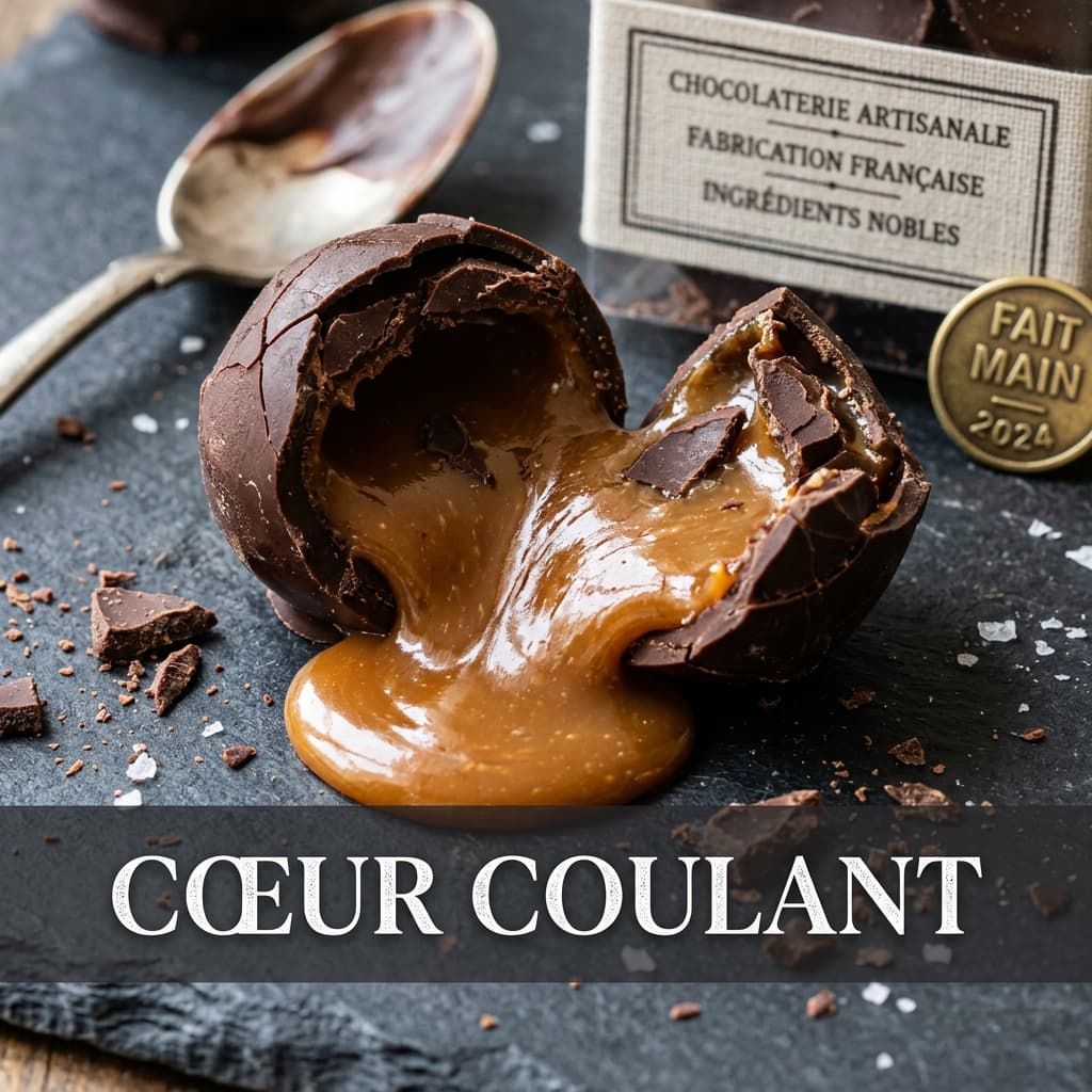 Gros plan macro sur un bonbon au chocolat brisé révélant un caramel onctueux et brillant avec l'inscription CŒUR COULANT en surimpression sur un bandeau sombre.