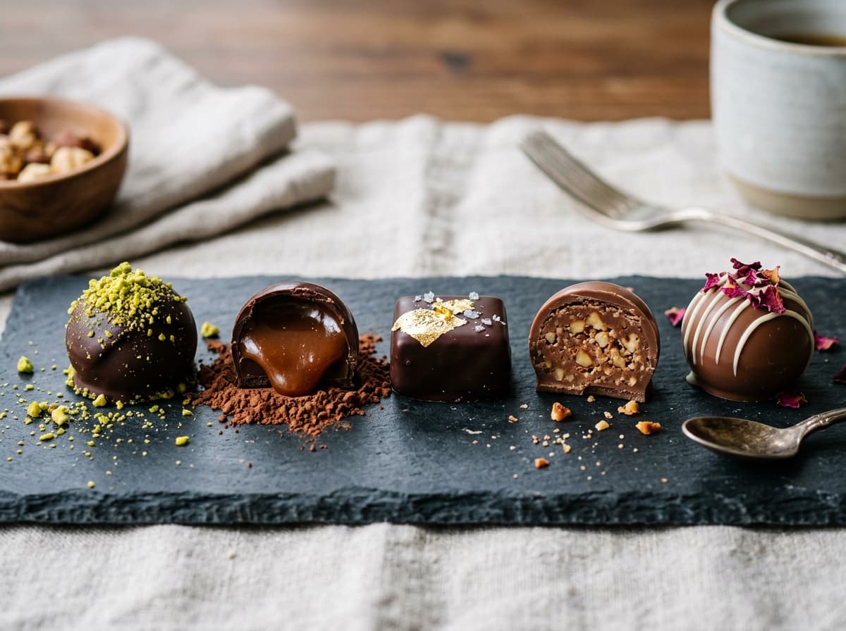 Cinq types de bonbons au chocolat sur ardoise révèlent des garnitures au caramel coulant, au praliné noisette et des éclats de pistache ou feuilles d'or.