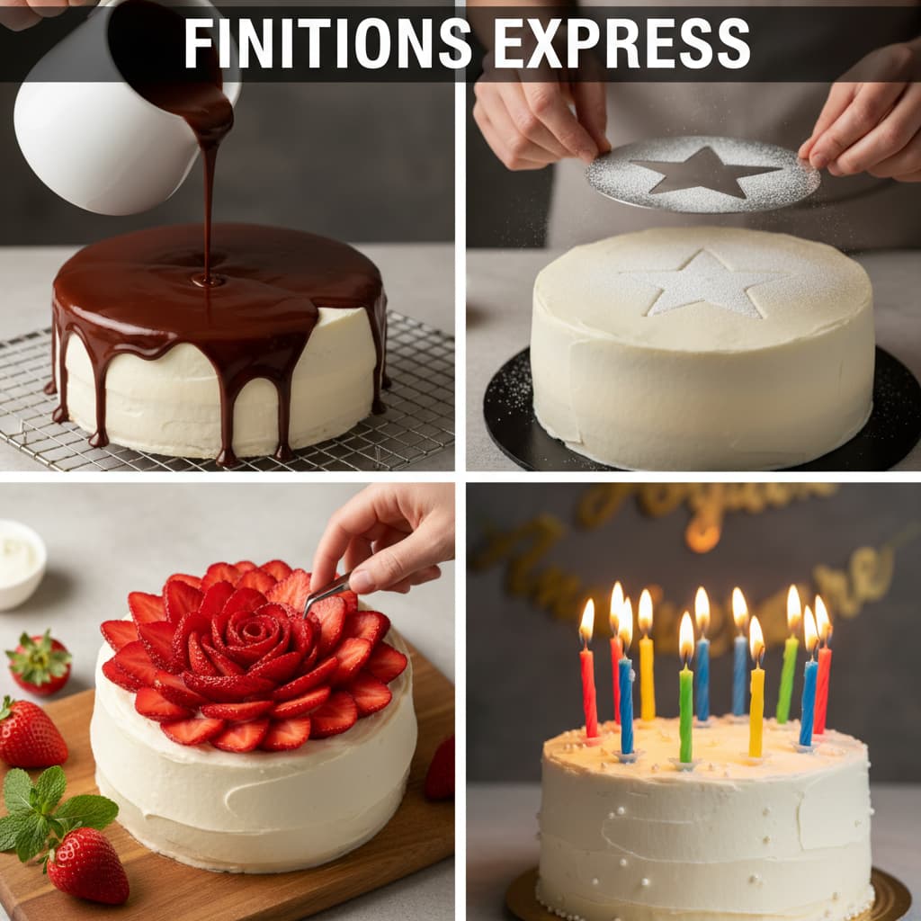 Collage de quatre panneaux montrant un glaçage au chocolat, un motif d'étoile en sucre glace, une rosace de fraises et des bougies d'anniversaire allumées.