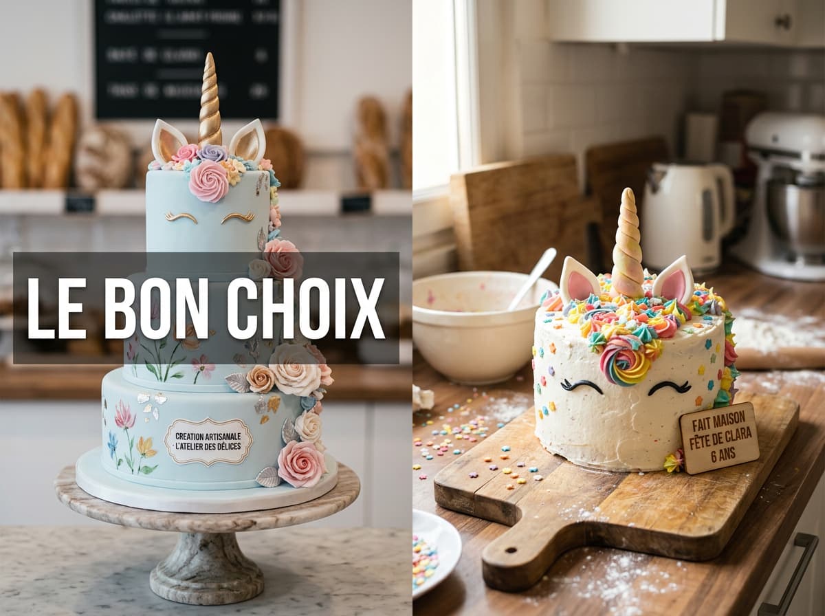 Comparaison côte à côte d'un gâteau licorne artisanal avec feuille d'or comestible et d'un gâteau licorne fait maison coloré dans une cuisine chaleureuse, avec le texte 'LE BON CHOIX' superposé.