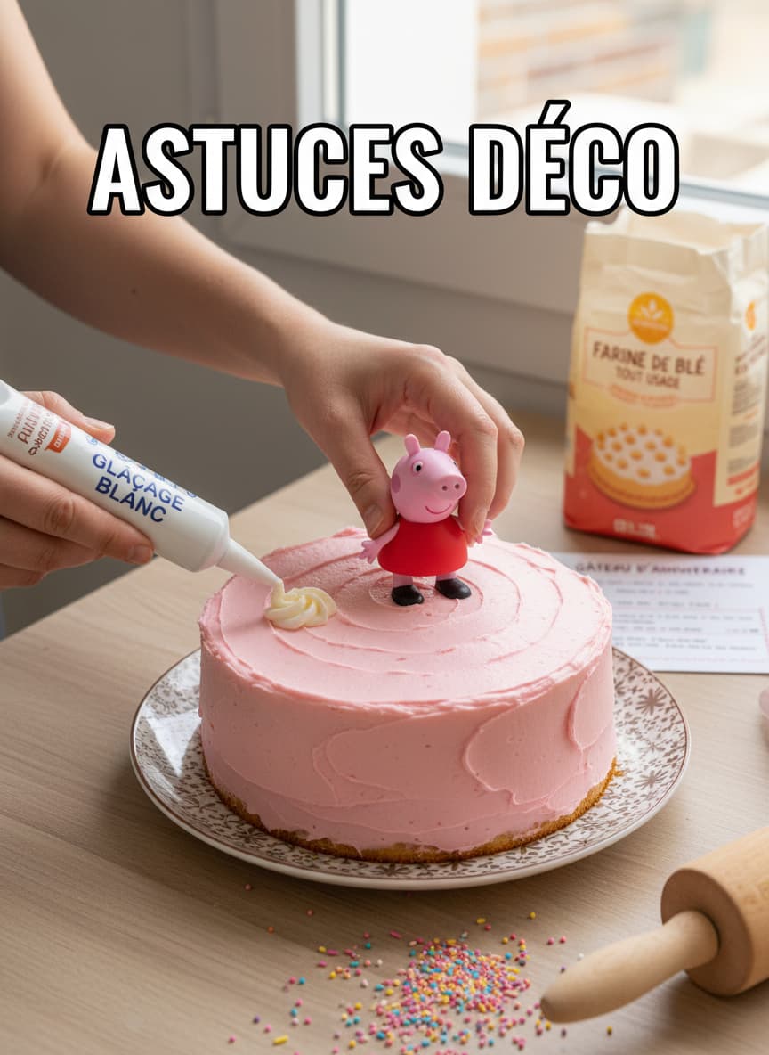 Des mains décorent un gâteau rose avec une figurine Peppa Pig et du glaçage blanc sur un plan de travail, avec le texte superposé ASTUCES DÉCO.