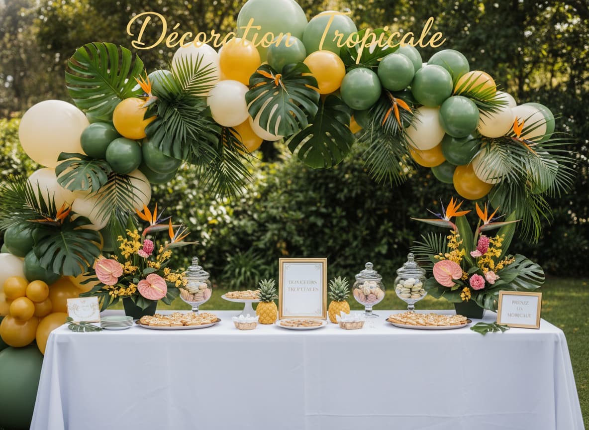 Une arche de ballons vert sauge, dorés et crème, ornée de feuilles de palmier, au-dessus d'une table présentant des biscuits en forme d'ananas et des fleurs exotiques, avec le texte 'Décoration Tropicale'.