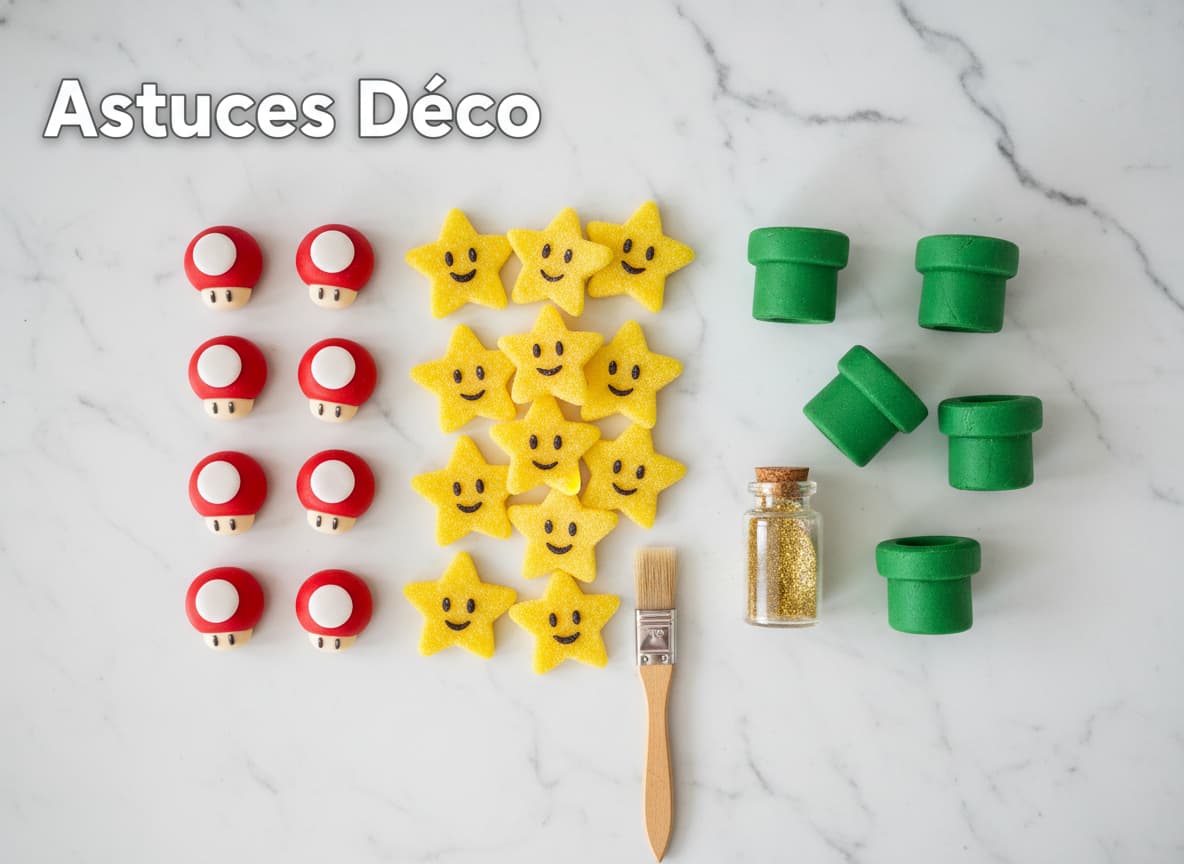 Une composition à plat sur un plan de travail en marbre présente des étoiles en sucre jaunes, des champignons en bonbon rouges, des tuyaux en pâte d'amande verte, un flacon de paillettes dorées, un pinceau de pâtissier et le texte superposé Astuces Déco.