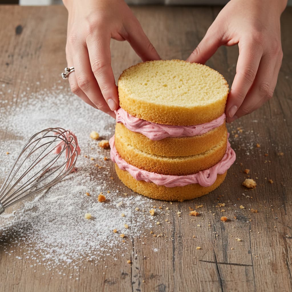 Mains superposant des couches de génoise dorée avec une épaisse crème au beurre rose, formant un gâteau conique, farine et fouet sur la table en bois rustique.