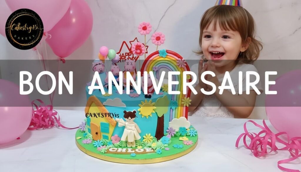 Un enfant émerveillé contemple un gâteau Peppa Pig sur une table festive ornée de ballons roses avec le texte superposé Bon Anniversaire.