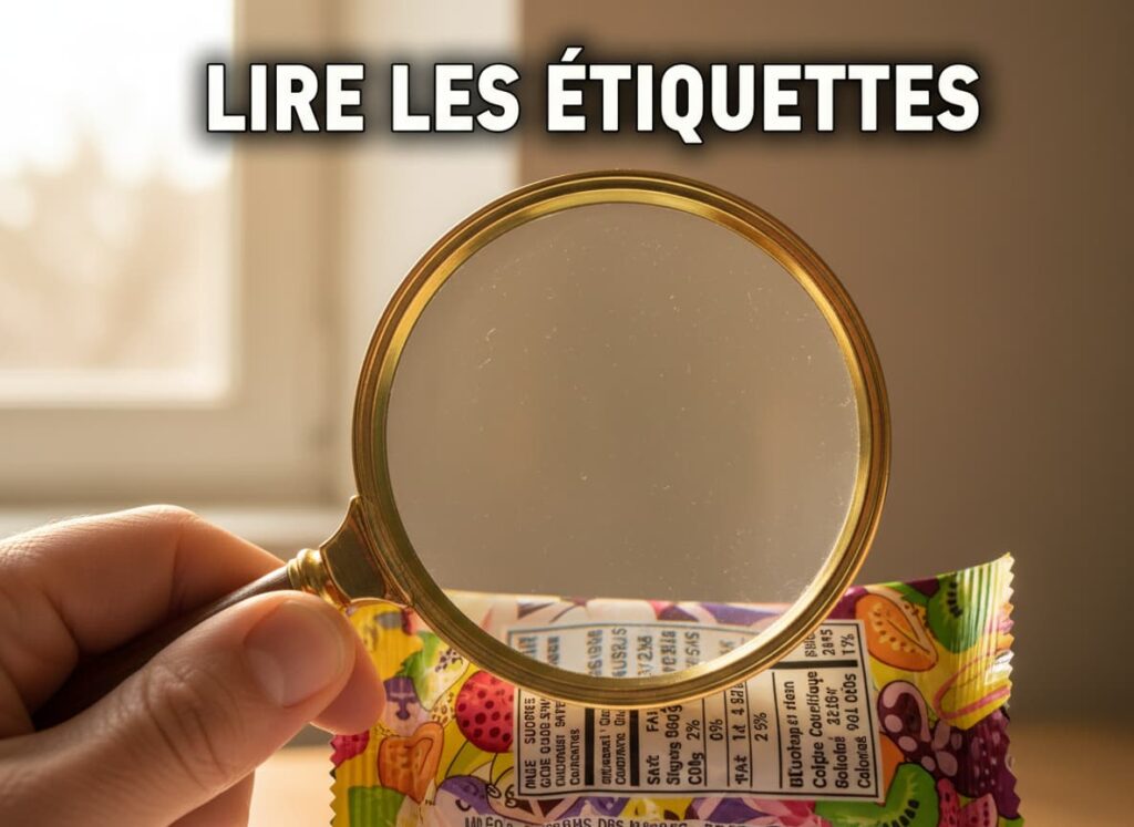 Main tenant une loupe sur le tableau nutritionnel d'un paquet de bonbons avec le texte LIRE LES ÉTIQUETTES en surimpression sous une lumière naturelle douce.