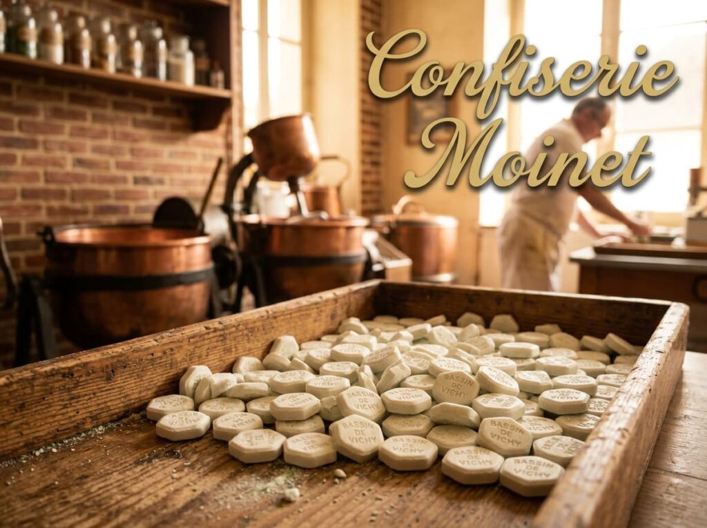 Pastilles de Vichy blanches pressées sur un plateau en bois dans l'atelier Moinet, devant des cuves en cuivre et un artisan, avec le texte Confiserie Moinet.