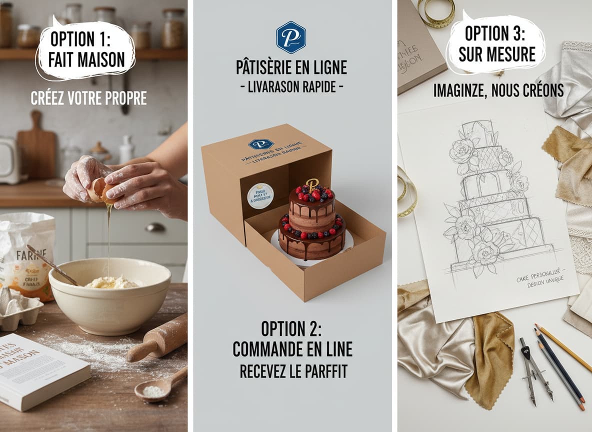 Écran partagé montrant à gauche une cuisine familiale avec farine et œufs, au centre une boîte de livraison avec un gâteau parfait, à droite un croquis de gâteau sur mesure avec échantillons de tissu, le tout dans un style graphique moderne et épuré avec textes en français.