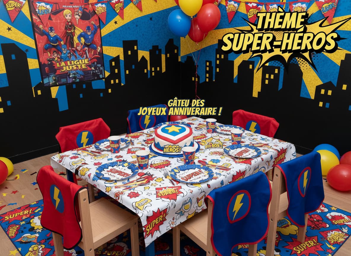 Une salle d'anniversaire pour enfants décorée sur le thème des super-héros, avec des capes rouges et bleues sur les chaises, des assiettes façon bande dessinée, un gâteau en forme de bouclier, des silhouettes de skyline sur les murs et une affiche 'Thème Super-héros'.