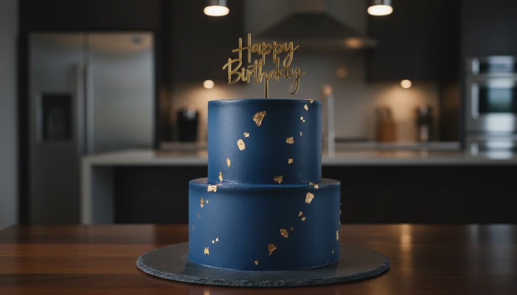 Gâteau d'anniversaire minimaliste au glaçage bleu marine mat et feuilles d'or, surmonté d'une inscription en métal brossé sur un socle en ardoise foncée.