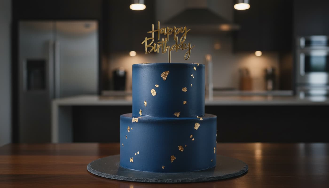 Gâteau d'anniversaire minimaliste au glaçage bleu marine mat et feuilles d'or, surmonté d'une inscription en métal brossé sur un socle en ardoise foncée.