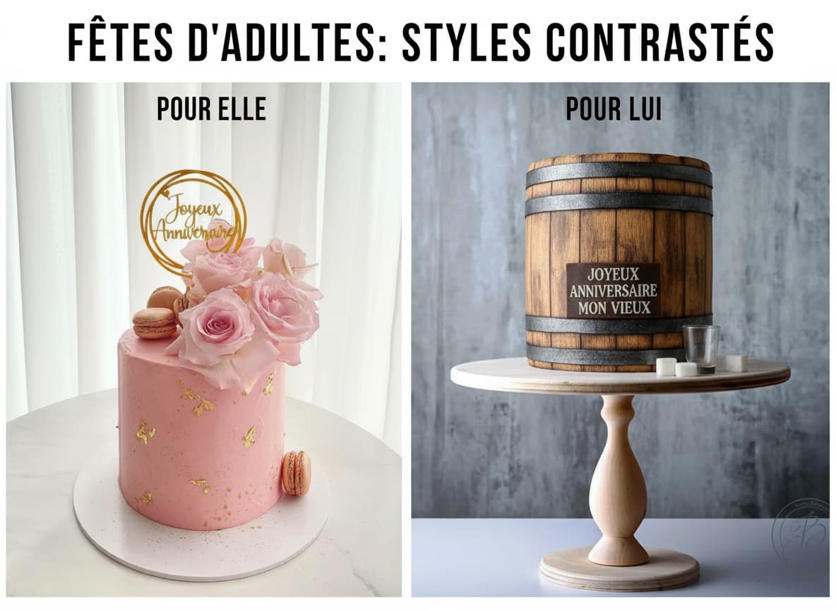 Deux gâteaux d'anniversaire pour adultes présentés côte à côte, l'un fleuri aux tons rose pastel et l'autre en forme de tonneau de whisky en bois texturé.