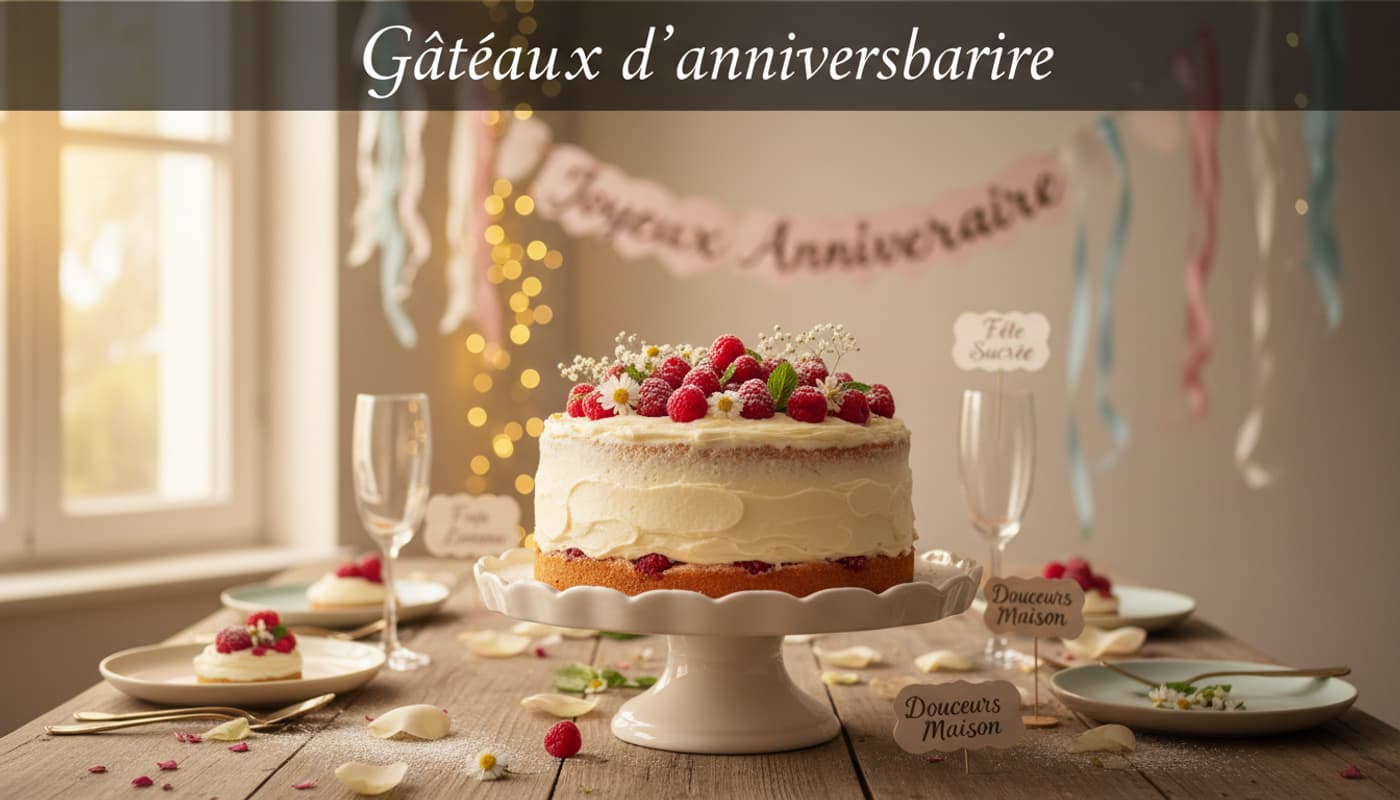 Gâteau maison à la vanille et aux framboises sur un présentoir devant un décor de fête lumineux avec le texte Gâteaux d'anniversaire.