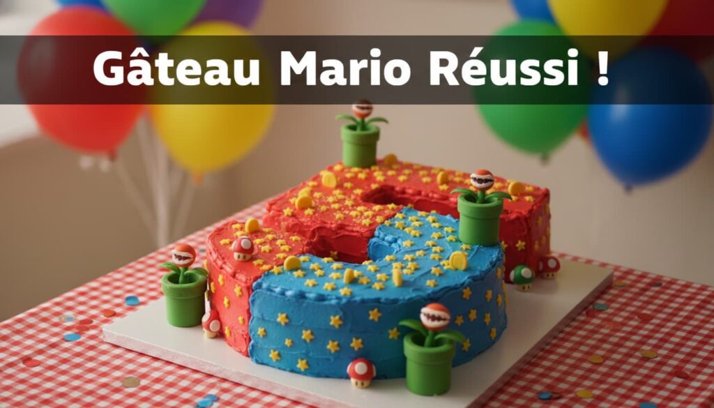 Un gâteau d'anniversaire numéro cinq décoré aux couleurs de Super Mario avec glaçage rouge et bleu, étoiles jaunes et tuyaux verts, posé sur une table de fête avec des ballons colorés en arrière-plan flou, et un texte superposé 'Gâteau Mario Réussi !'.
