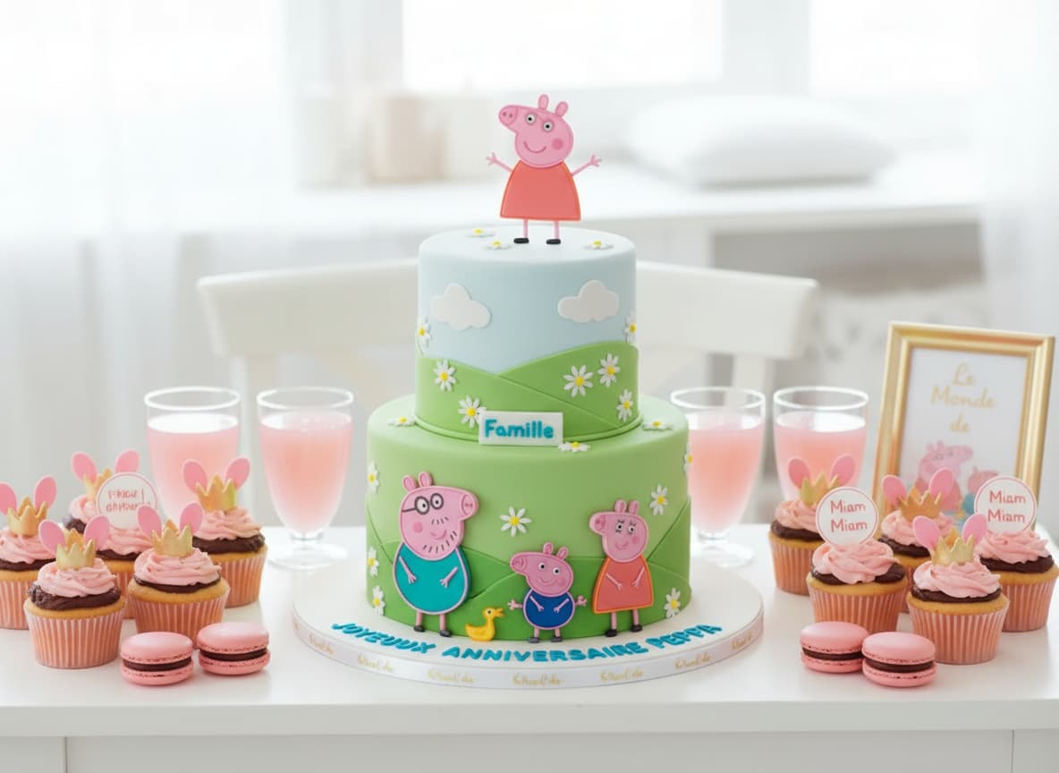 Un gâteau d'anniversaire à deux étages orné de collines vertes entouré de cupcakes roses avec des oreilles de cochon sur une table blanche épurée.
