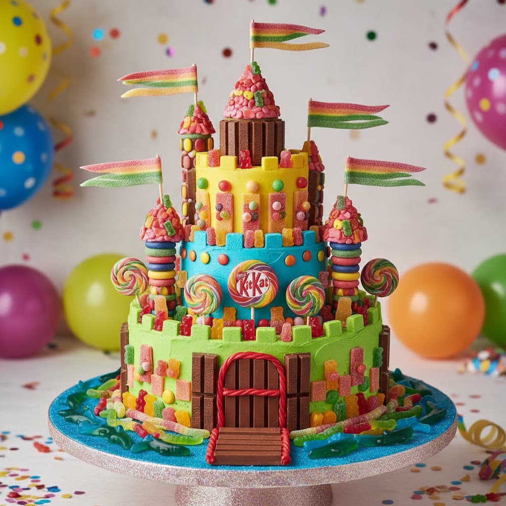 Gâteau d'anniversaire en forme de château coloré composé de bonbons variés et de drapeaux en rubans acidulés devant un décor festif de ballons flous.