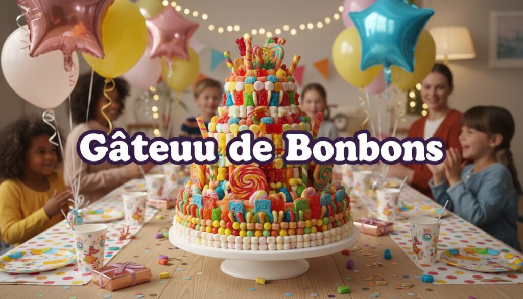 Gâteau de bonbons multicolores à plusieurs étages avec guimauves et sucettes sur une table d'anniversaire festive
