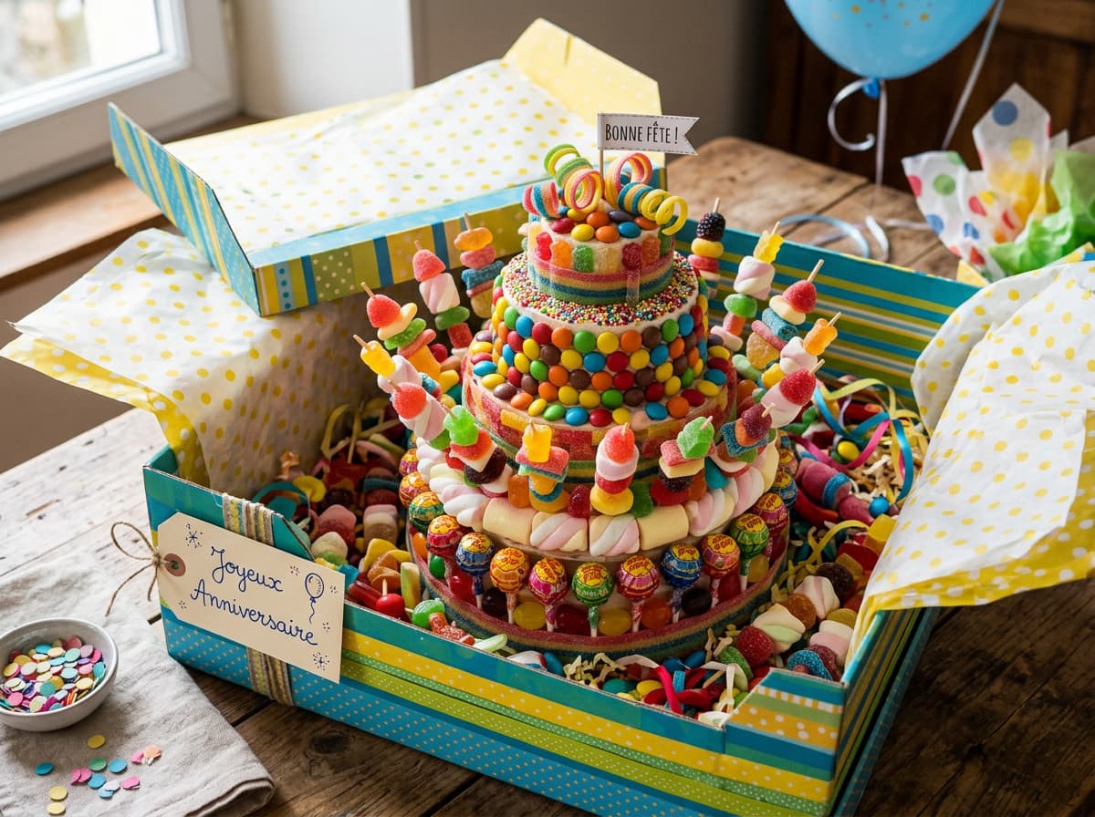 Gâteau coloré fait de bonbons sur plusieurs étages avec brochettes sucrées dans une boîte cadeau ouverte sur une table avec une étiquette joyeux anniversaire.