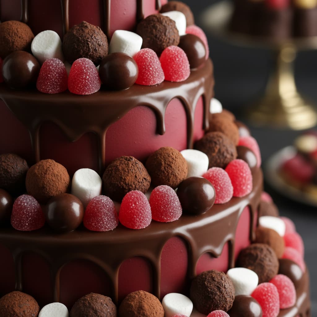 Un gâteau de confiseries élégant composé de truffes au chocolat noir, de bonbons à la framboise rouge et de petites guimauves blanches.