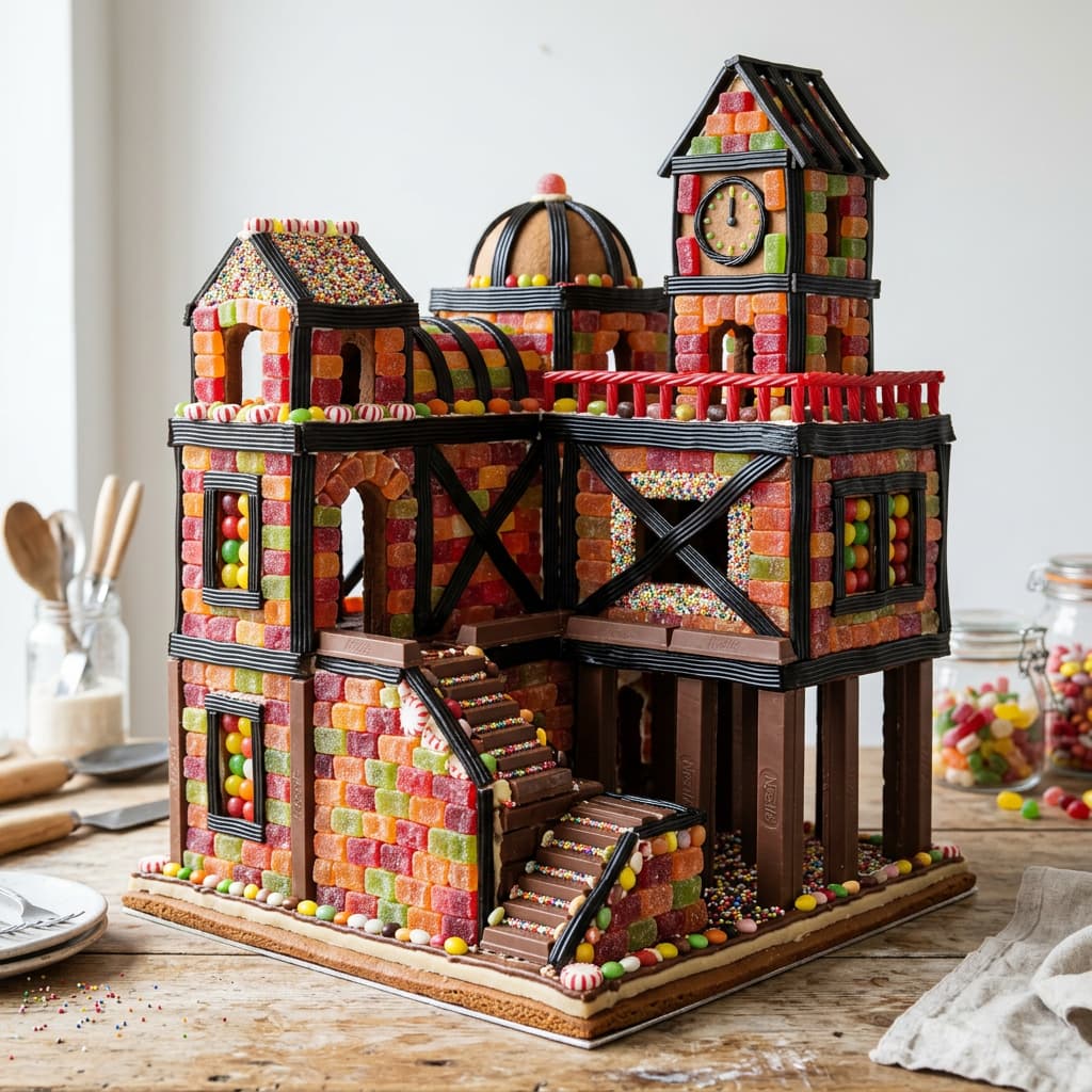 Gâteau architectural autoportant en briques gélifiées, piliers chocolatés et ceintures de réglisse plates mis en valeur par un éclairage studio doux.