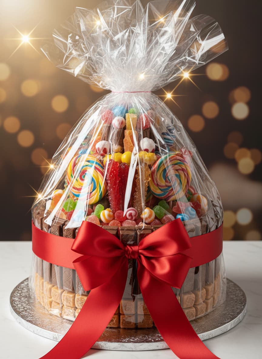 Gâteau de bonbons colorés emballé dans du papier cellophane transparent avec un large ruban de satin rouge et posé sur un support argenté.