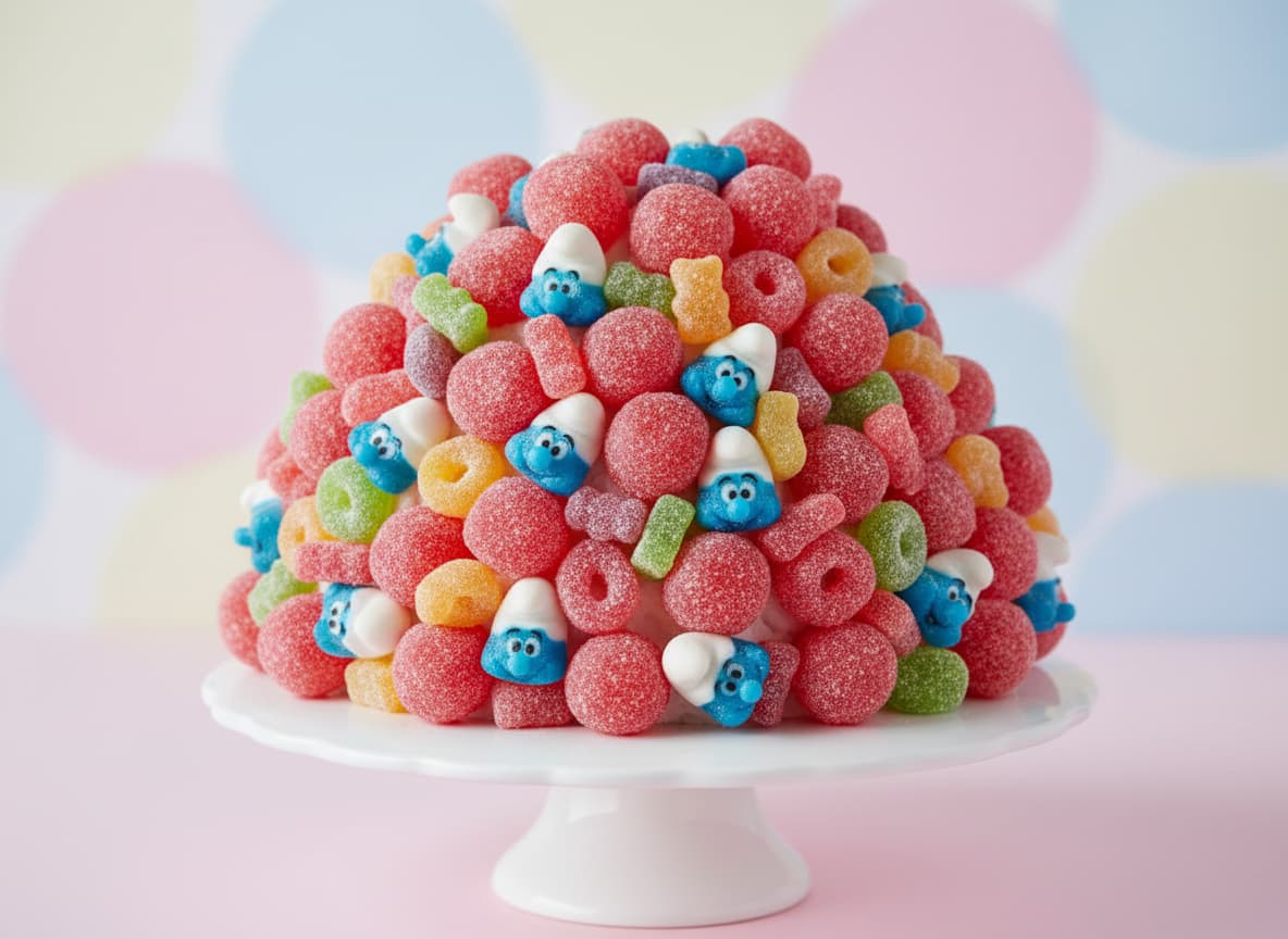 Gâteau conique constitué d’un assemblage dense de fraises Tagada, bonbons Schtroumpfs bleus et gommes multicolores à texture brillante, posé sur fond pastel.