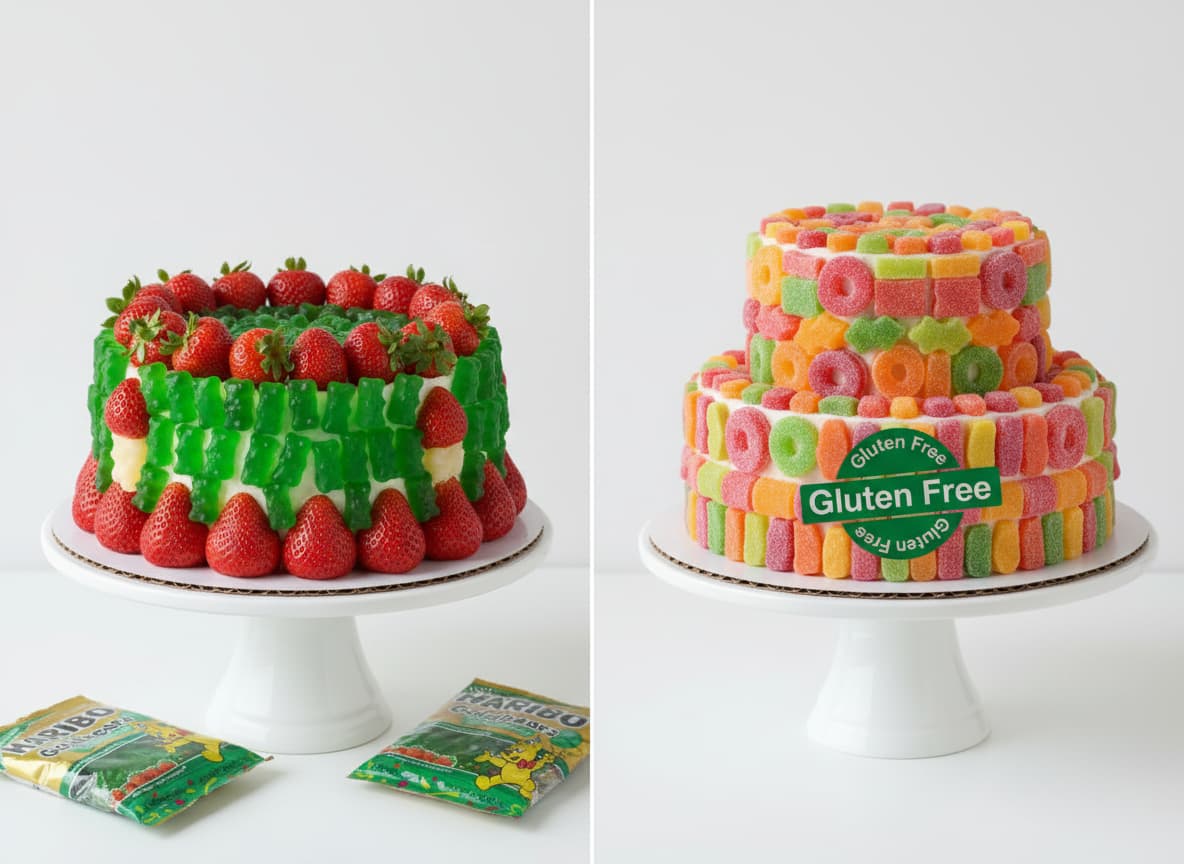 Composition divisée montrant un gâteau d'oursons et fraises Haribo face à un gâteau de pâtes de fruits colorées portant une étiquette sans gluten.