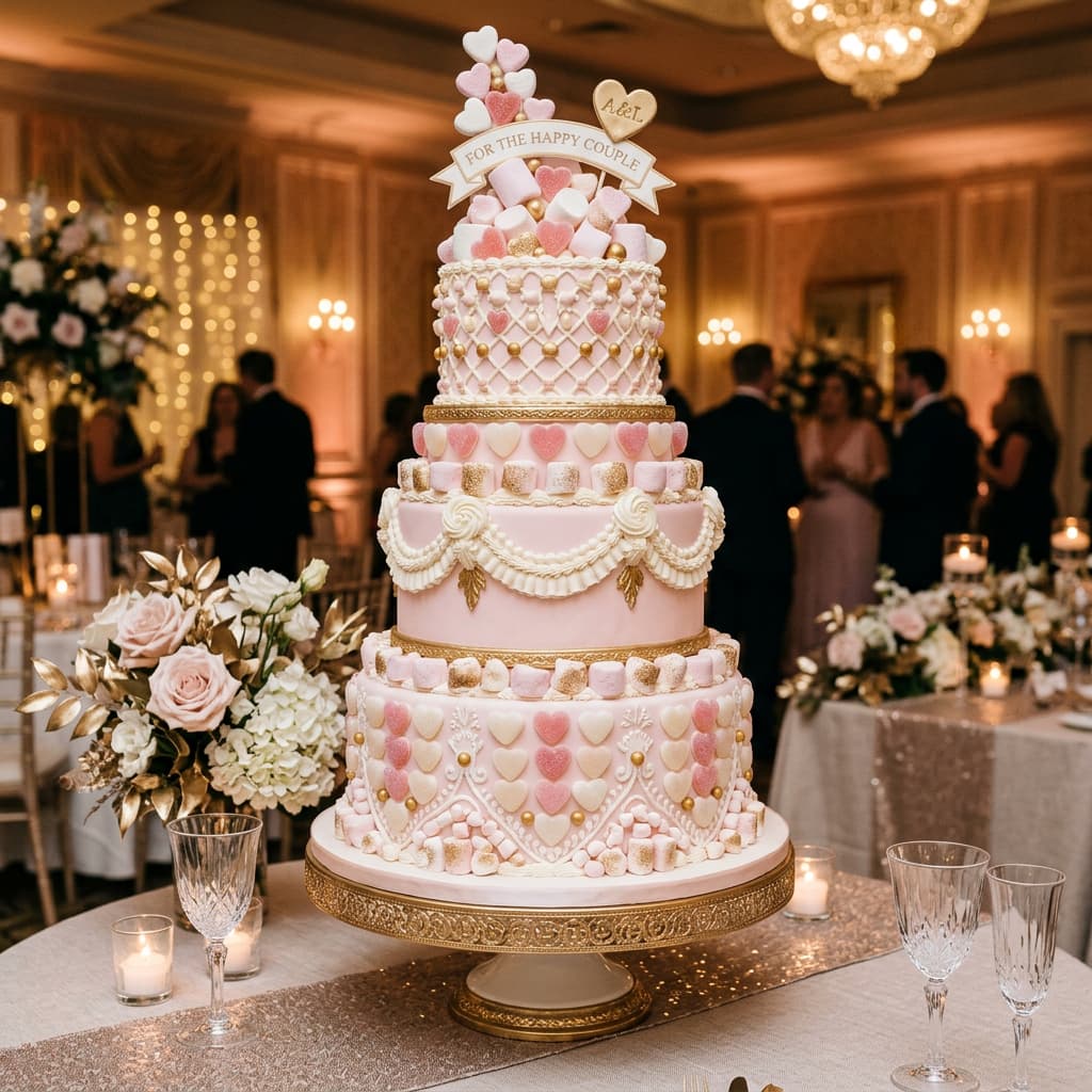 Gâteau de bonbons aux nuances de rose pastel, blanc crème, confiseries dorées et guimauves en forme de cœur dans une lumière cinématographique.