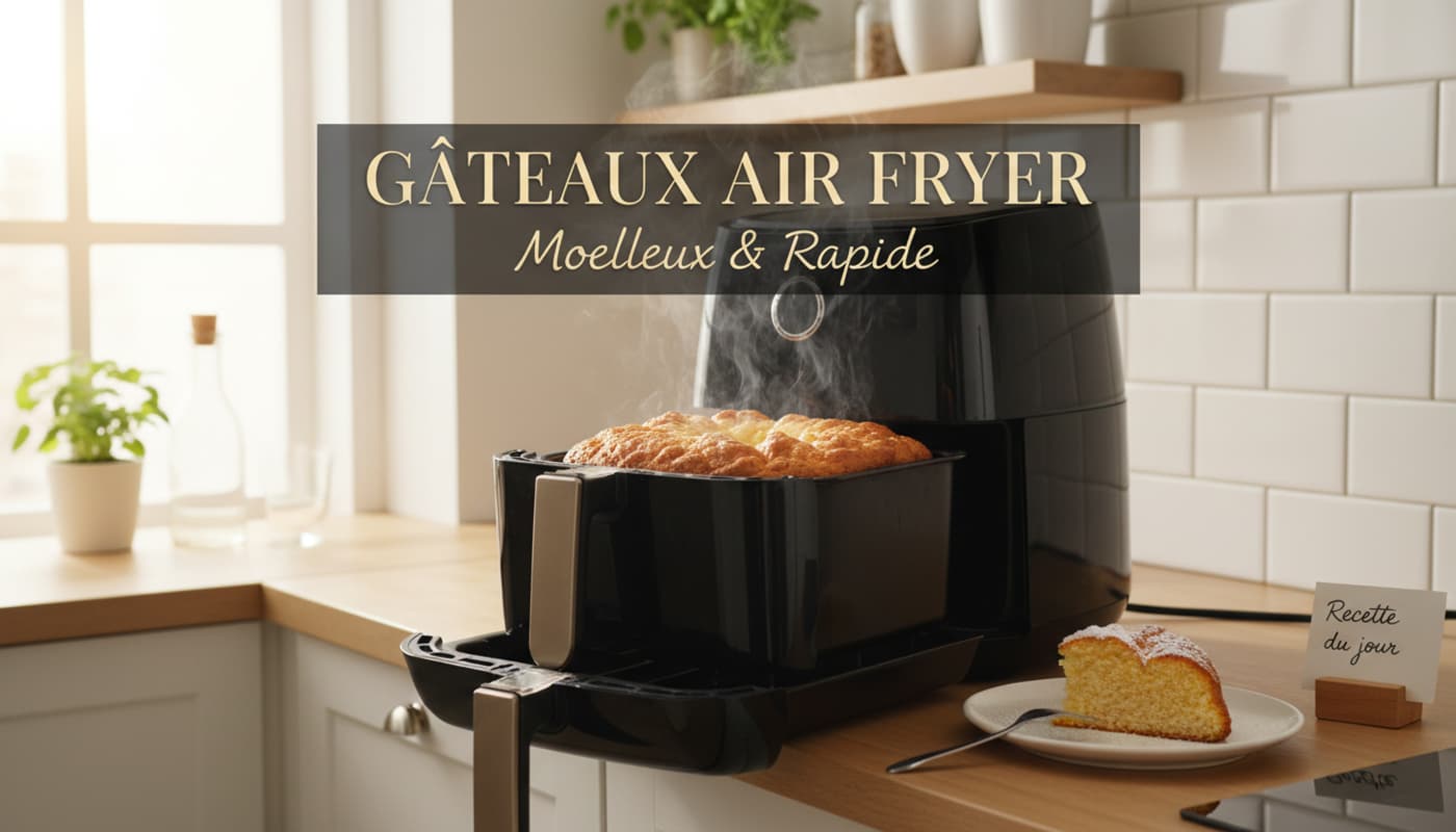 Un gâteau éponge doré et fumant dans le tiroir ouvert d'une friteuse à air au sein d'une cuisine moderne avec l'inscription textuelle GÂTEAUX AIR FRYER.
