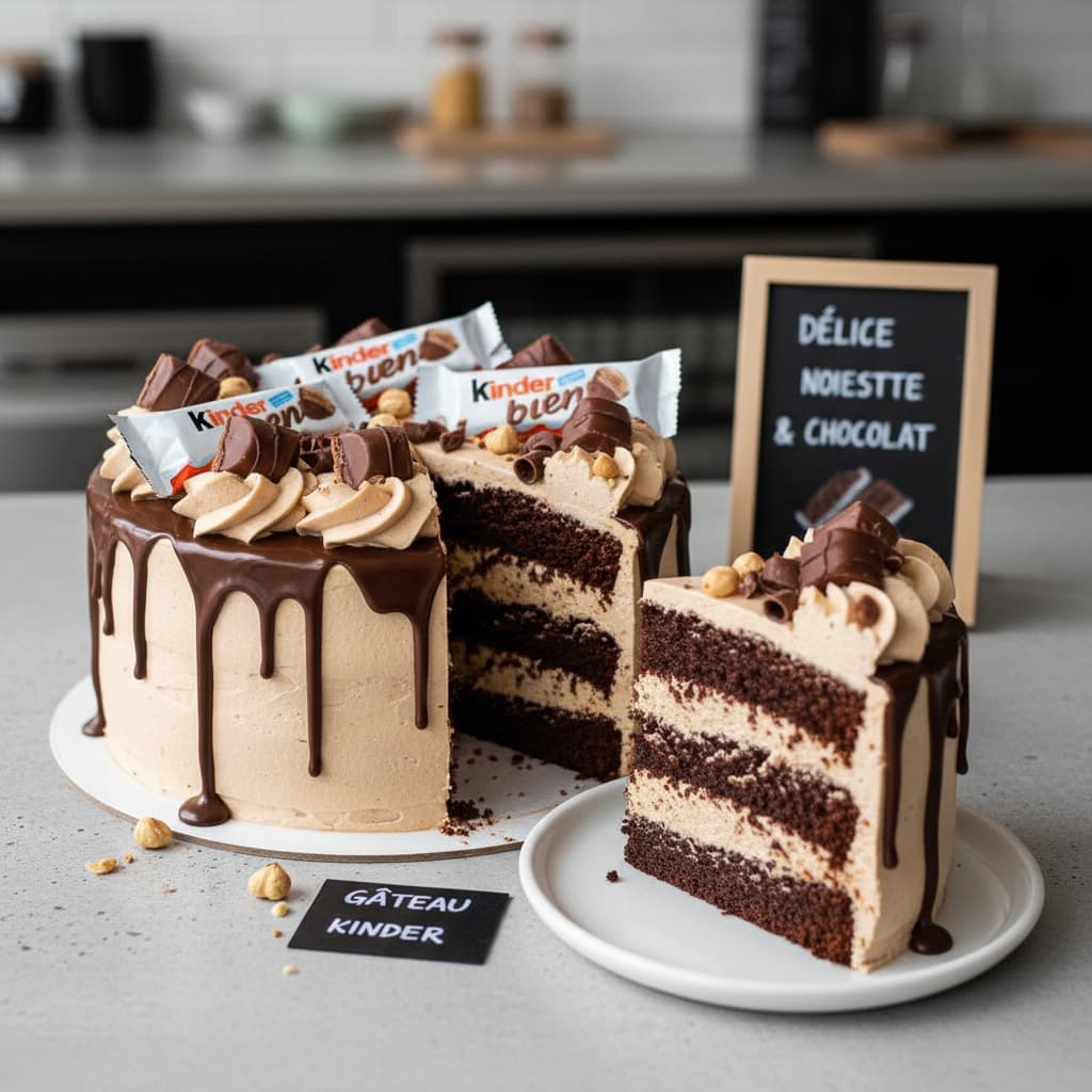 Gâteau moderne d'inspiration Kinder Bueno avec glaçage noisette, barres Kinder Bueno entières et coulis chocolat noir ; une tranche retirée montre les couches de génoise cacao et crème praliné.