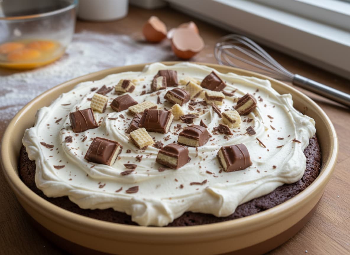 Gâteau au chocolat rustique dans un plat en céramique, nappé de crème mascarpone au goût Kinder et de chocolat haché, avec de la farine et des œufs en arrière-plan.