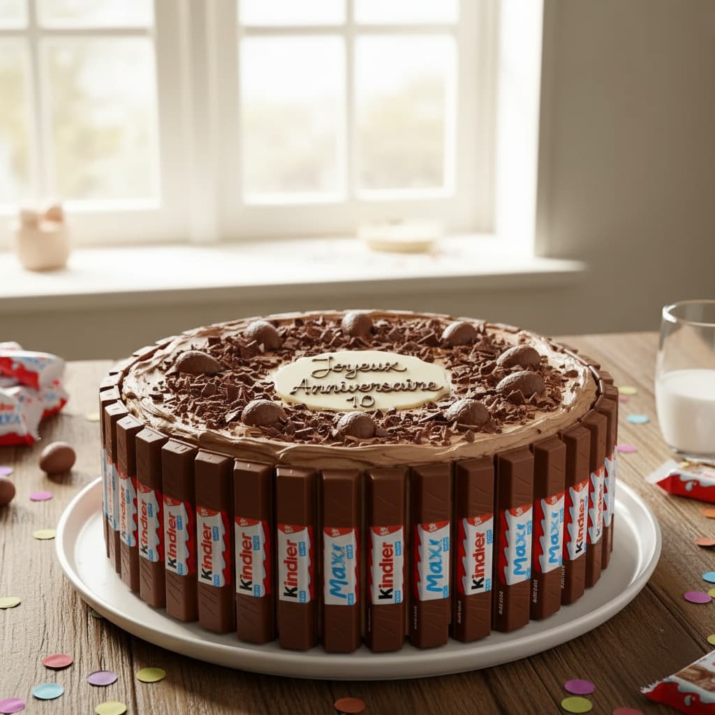 Un gâteau d'anniversaire décoré de barres Kinder Maxi disposées verticalement autour du gâteau, avec des éclats de chocolat sur le dessus, sous une lumière matinale douce.