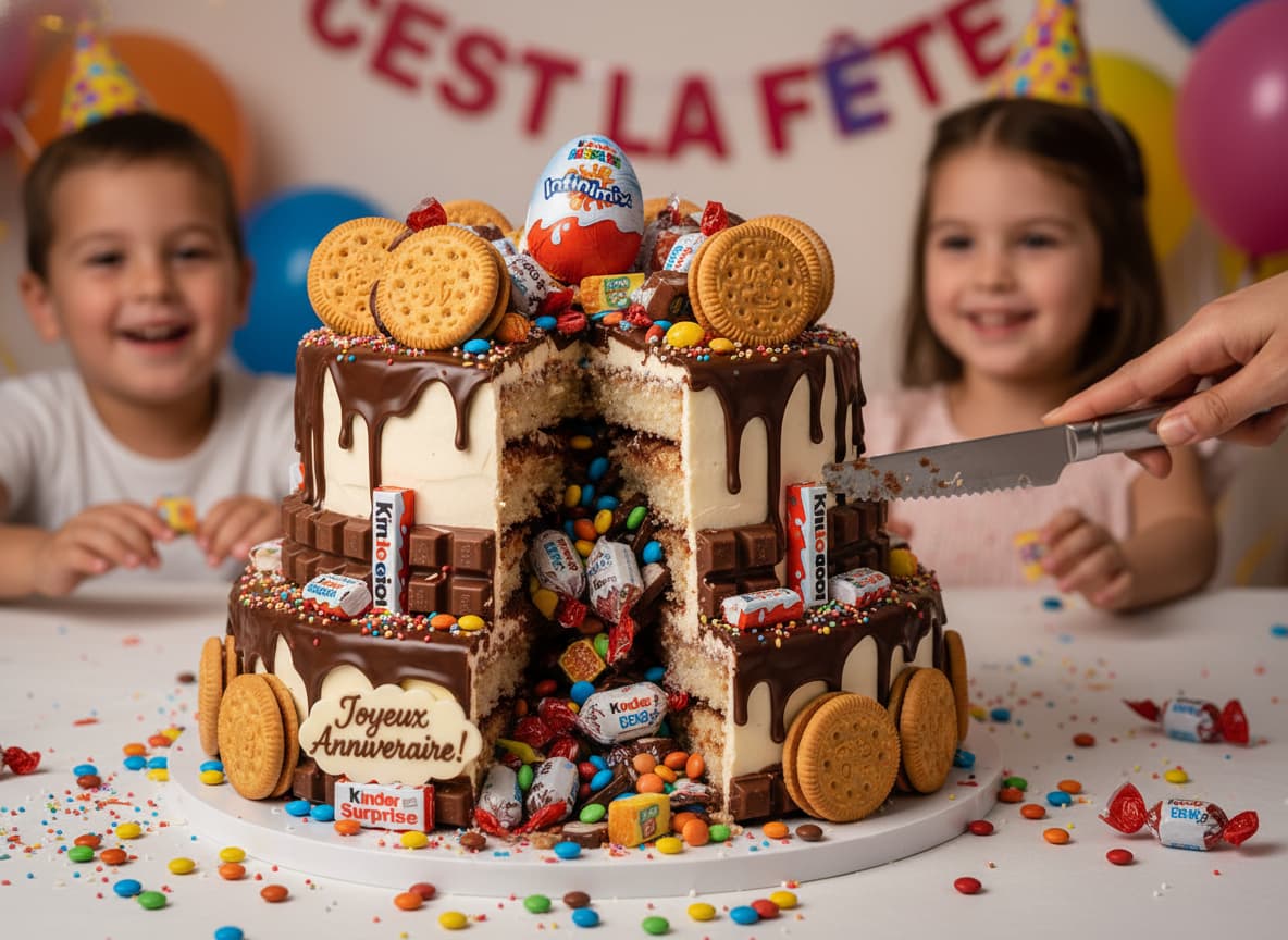 Un grand gâteau d'anniversaire Kinder est coupé, révélant un intérieur surprise rempli de bonbons et de friandises colorés qui débordent sur l'assiette, décoré de chocolats Kinder et de vermicelles festifs.
