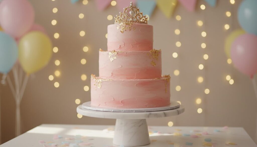 Un gâteau de princesse à étages avec glaçage rose pastel, accents dorés et une tiare dorée posé sur un support en marbre, avec des lumières et ballons flous en arrière-plan.