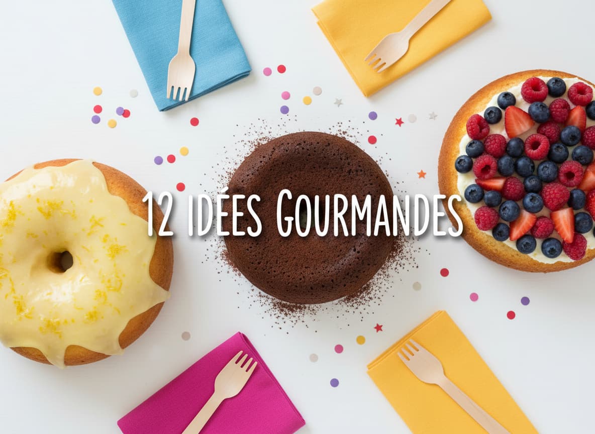 Fondant au chocolat noir, gâteau au yaourt aux baies et génoise au citron disposés sur une table blanche festive avec le texte 12 idées gourmandes.