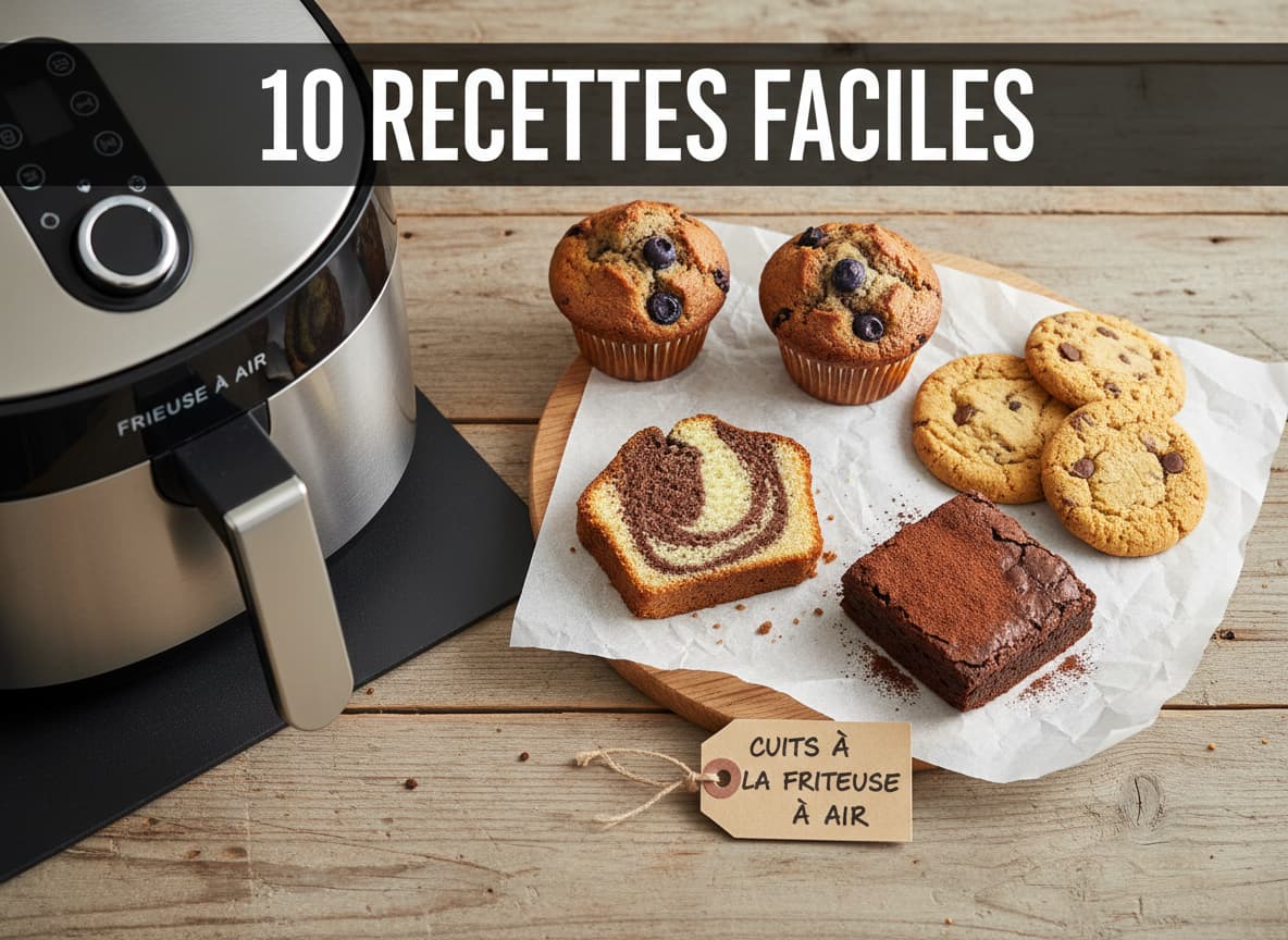 Un moule en silicone, des caissettes à muffins et un plat métallique sont agencés dans le panier d'un air fryer pour illustrer les accessoires de cuisson.