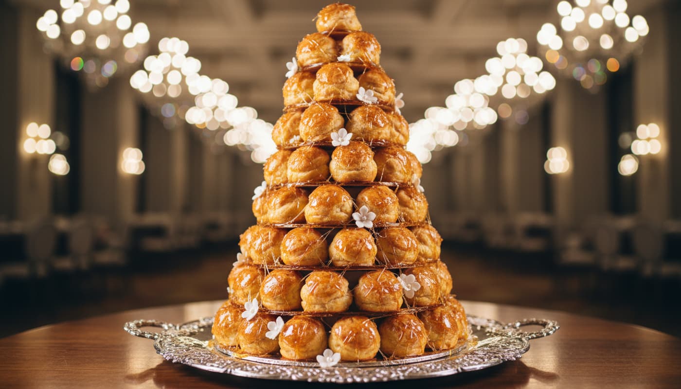 Trois pièces montées de styles différents, un croquembouche de mariage aux roses, un gâteau de baptême à rubans bleus et un dessert aux macarons, sont alignées.
